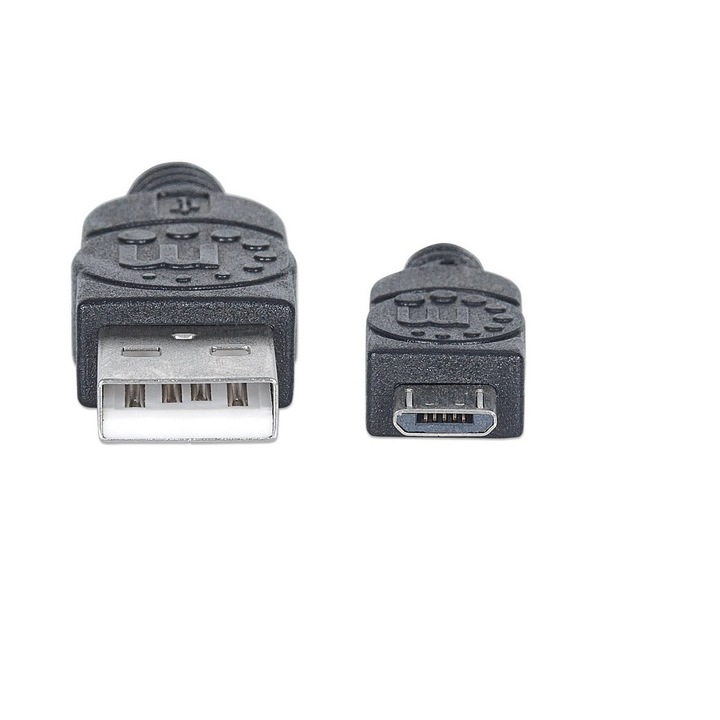 Кабел USB-A 2.0 / Micro-B, Manhattan, Hi-Speed, M / M, 3m, черен
