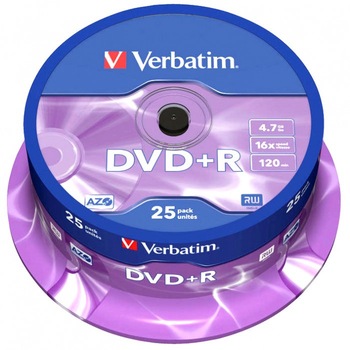 Blankuri Verbatim DVD+R 16x, 25 buc. argintiu, sp25pk,43500 Blankuri Verbatim DVD+R 16x, 25 buc. argintiu, sp25pk,43500