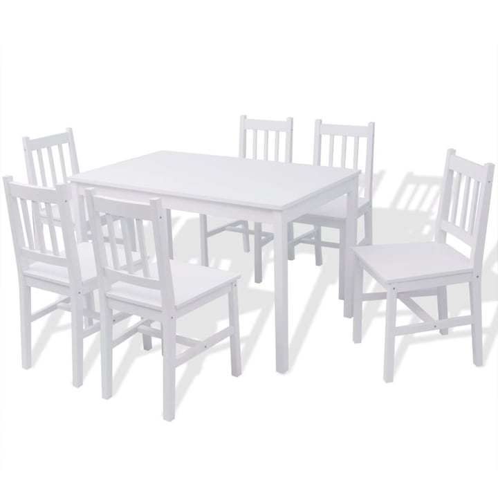 Set masa si scaune din lemn de pin, 7 piese, VidaXL, alb