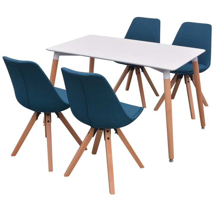 Set masa si scaune VidaXL de bucatarie, alb si albastru, 5 piese