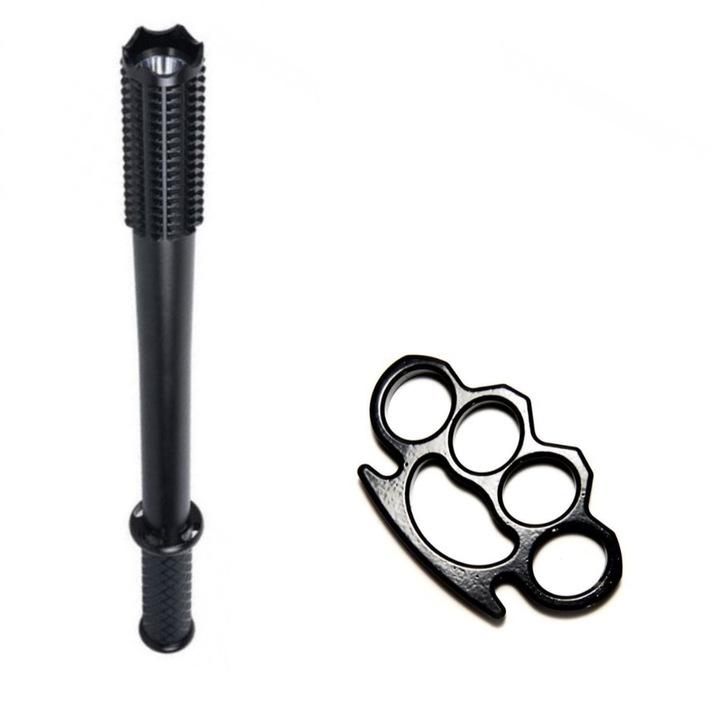 Kit autoaparare format din Baston duraluminiu 430 mm cu electrosoc si lanterna 10.000 KV si Box metalic tip pumnal 170 g