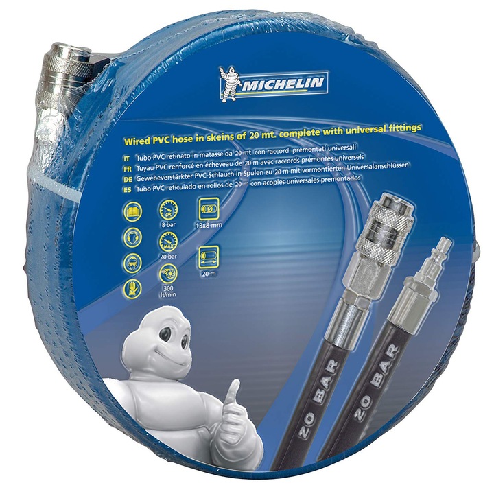 Furtun de aer din PVC cu insertie Michelin, 20 m lungime, cuple rapide, 20 bar presiune maxima, 8 mm diametru furtun