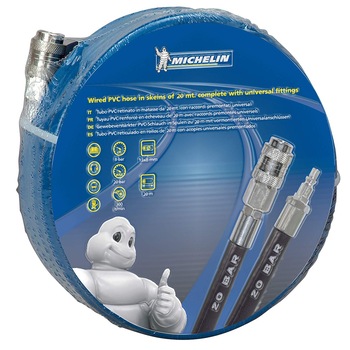 Furtun de aer din PVC cu insertie Michelin, 20 m lungime, cuple rapide, 20 bar presiune maxima, 8 mm diametru furtun Furtun de aer din PVC cu insertie Michelin, 20 m lungime, cuple rapide, 20 bar presiune maxima, 8 mm diametru furtun