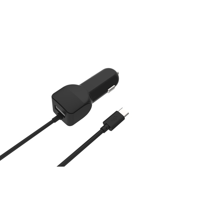 Alimentator USB bricheta auto cu cablu USB-C 2 iesiri 2.4A negru Well