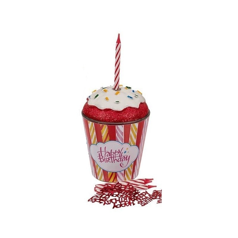 Set lumanare aniversara cu confeti si suport in forma de briosa - ca. 6.5 x 8.5 cm, Rosu, Radar 181010