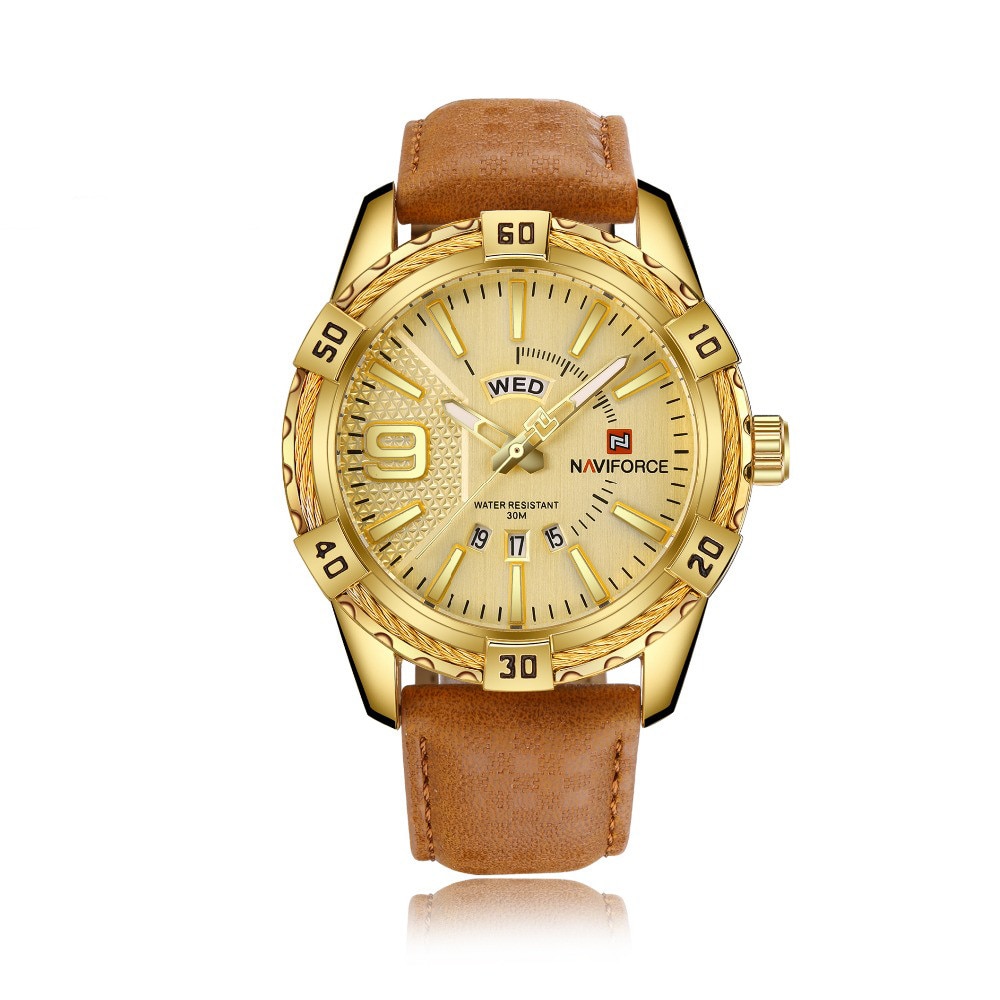 Ceas Naviforce barbatesc Gold, mecanism Quartz, curea din piele maro, rezistent la apa 3Bar si la zgarieturi, stil business
