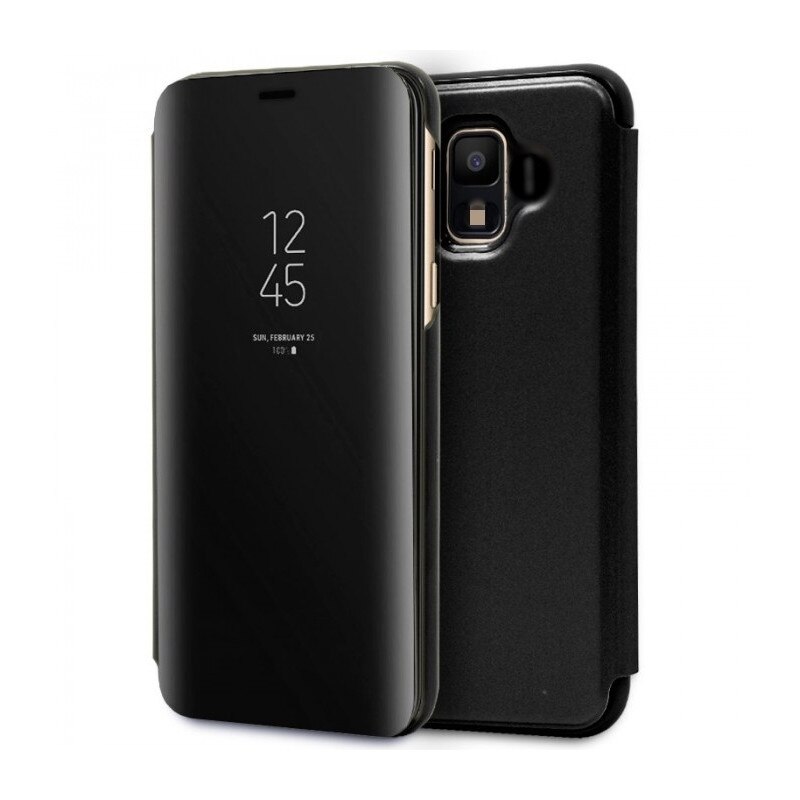 Husa Samsung Galaxy J4 (2018) - Flip Mirror tip Carte, Capac translucid, Neagra