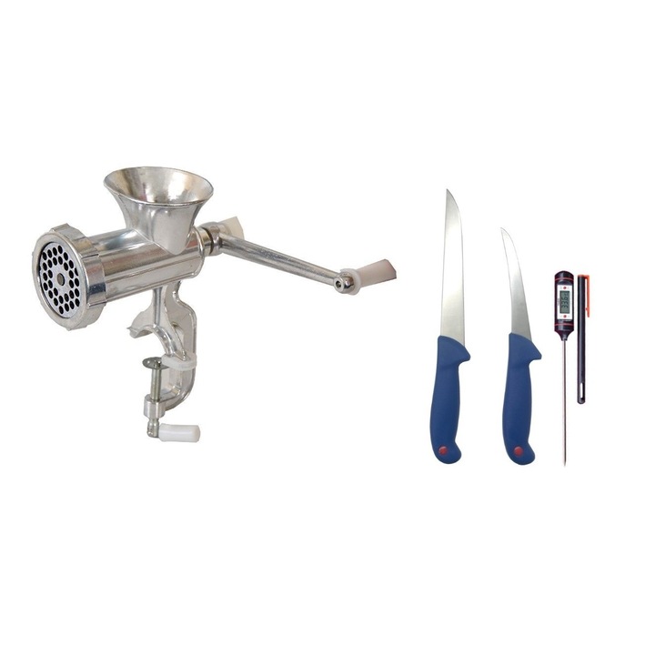 Pachet format din Masina tocat manuala Nr.10 SVT-MN 502, 1Kg, Aluminiu, Set 2 cutite profesionale pentru macelarie si Termometru Digital pentru mancare