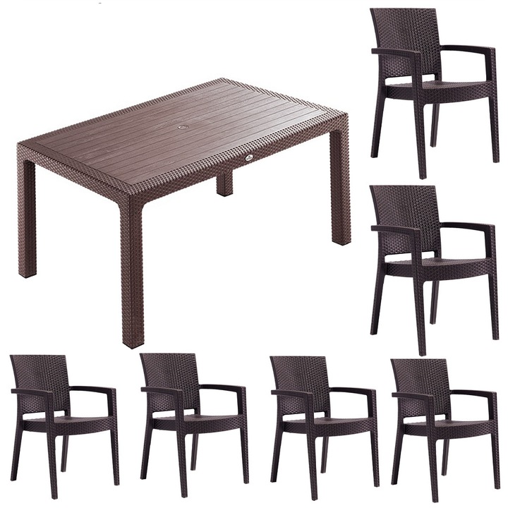Set mobilier gradina INGLESA masa CLASSI RATAN 90x150x75cm 6 scaune PARIS RATTAN polipropilen/fibra sticla culoare cafea