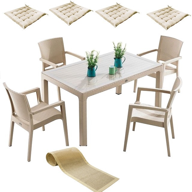Set mobila gradina INGLESA masa CLASSI RATAN 90x150x75cm 4 scaune PARIS RATTAN polipropilen/fibra sticla culoare capucino,4 perne scaun,Traversa PANARI 40x150cm