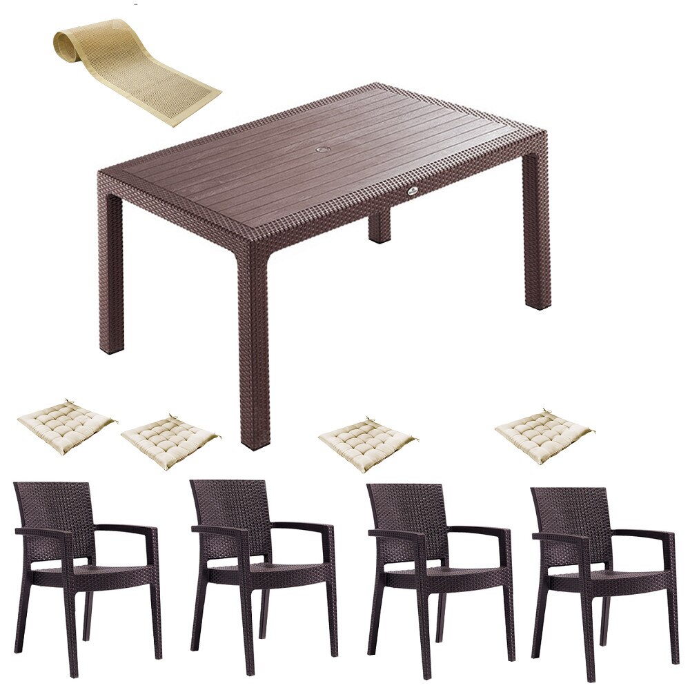 Mobiler terasa set INGLESA masa CLASSI RATAN 90x150x75cm 4 scaune PARIS RATTAN polipropilen/fibra sticla culoare cafea,4 perne scaun,Traversa PANARI 40x150cm
