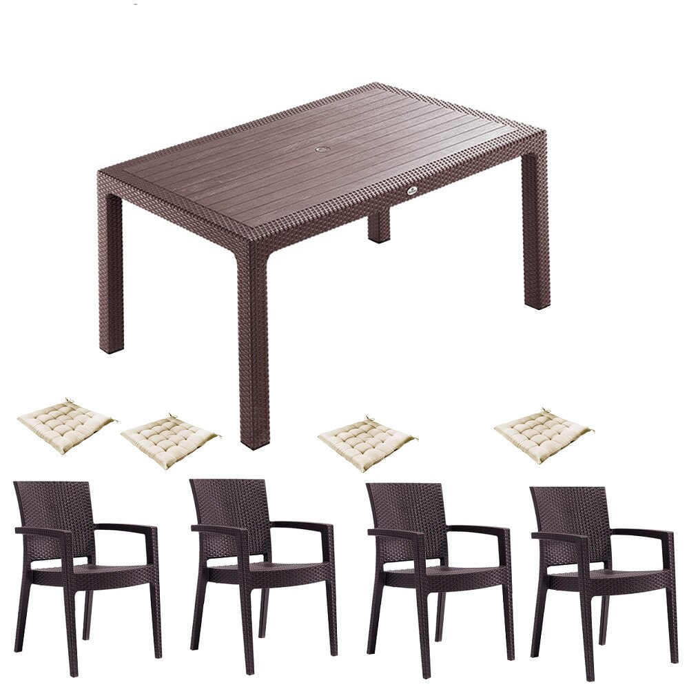 Set mobilier terasa INGLESA masa CLASSI RATAN 90x150x75cm 4 scaune PARIS RATTAN polipropilen/fibra sticla culoare cafea,4 perne scaun