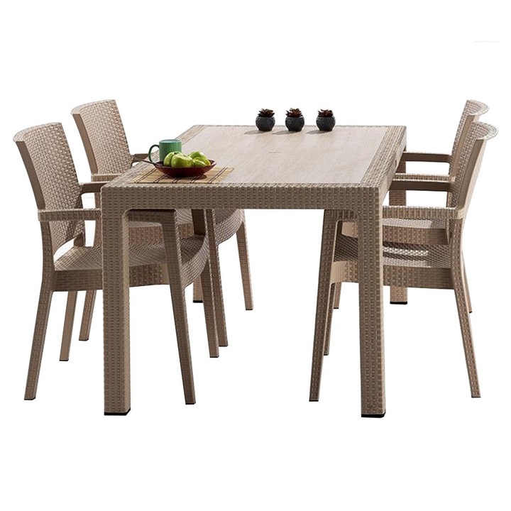 Set gradina INGLESA masa patrata CLASSI RATAN 90x90x75cm 4 scaune PARIS RATTAN polipropilen/fibra sticla culoare capucino