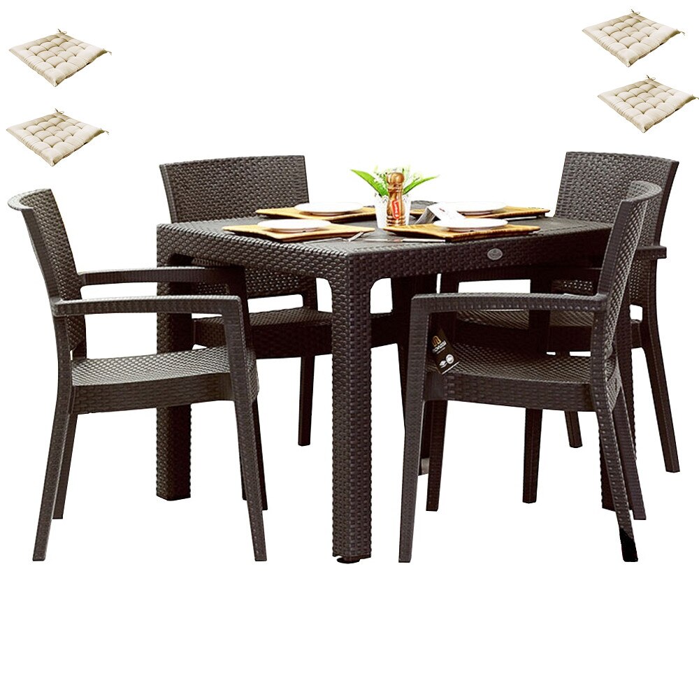 Set exterior gradina INGLESA masa patrata CLASSI RATAN 90x90x75cm 4 scaune PARIS RATTAN polipropilen/fibra sticla culoare cafea,4 perne scaun
