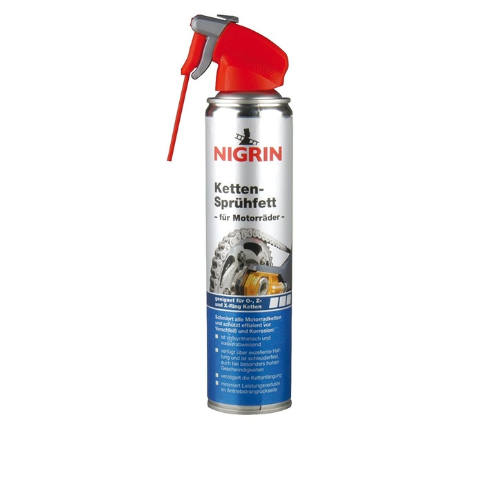 Spray cu vaselina pentru lanturi de motocicleta, Nigrin, sintetica si hidrofuga, reduce pierderile de putere din sistemul de transmisie, 400ml
