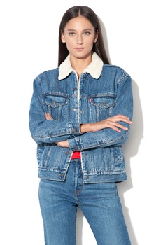 Levi's, Jacheta trucker de denim cu blana sherpa si buzunare pe piept, Albastru inchis Levi's, Jacheta trucker de denim cu blana sherpa si buzunare pe piept, Albastru inchis