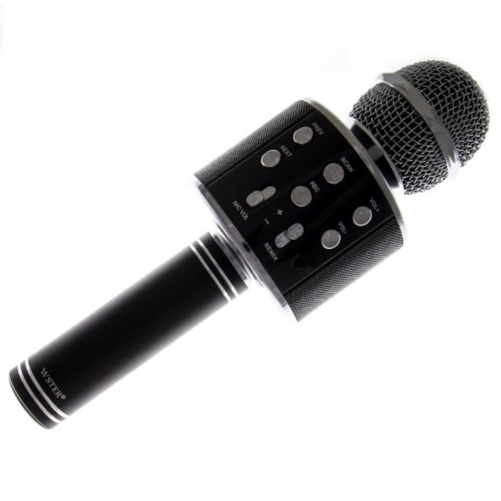 Bluetooth karaoke mikrofon WS-858, FM, 3W hangszóró, USB, SD slot, LED világítás, fekete