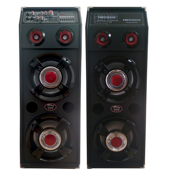 Boxe Profesionale Portabile Active Karaoke cu Port USB, Card SD si Lumini, Putere 400 W, Impedanta 4 Ohmi, Raspuns in frecventa 38Hz-20kHz, Negru