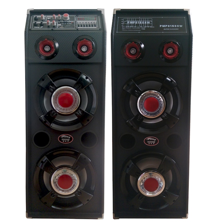 Преносими активни караоке тонколони, с USB порт, SD карта и светлини, мощност 400 W, импеданс 4 ома, честотна характеристика 38Hz-20kHz, черни