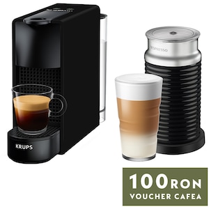 Pachet Espressor Nespresso Krups Essenza Mini XN111810, 1450W, 19 Bar, + Aparat pentru spumare lapte Aeroccino 3 Negru, 0.6L, Negru + set capsule degustare