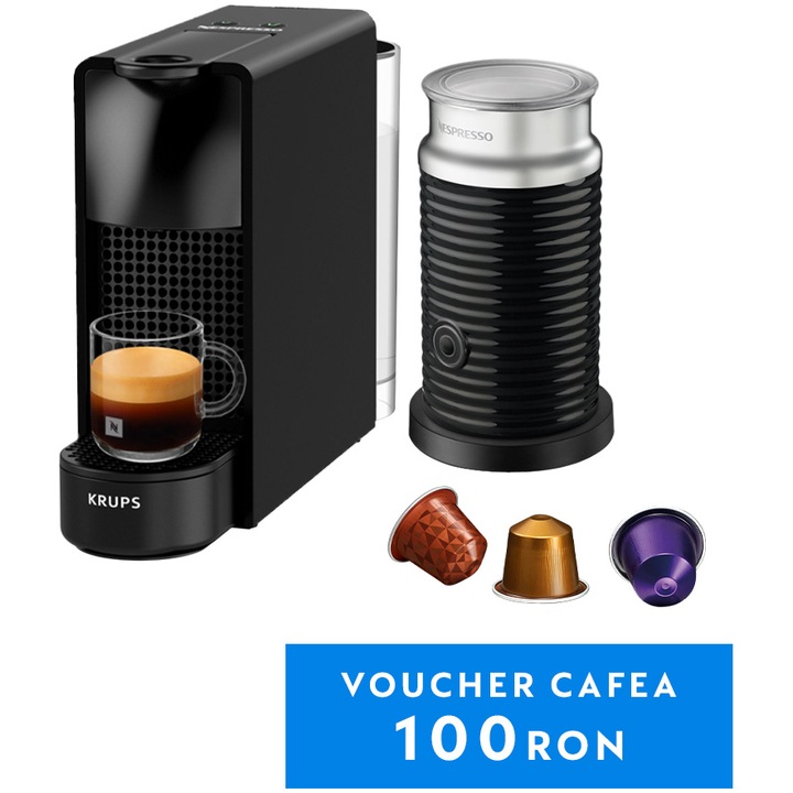 Espressor KRUPS cu capsule Nespresso Essenza Mini XN111810, 1450W, 19 Bar + Aparat pentru spumare lapte Aeroccino 3 Negru, 0.6L, Negru + set capsule degustare