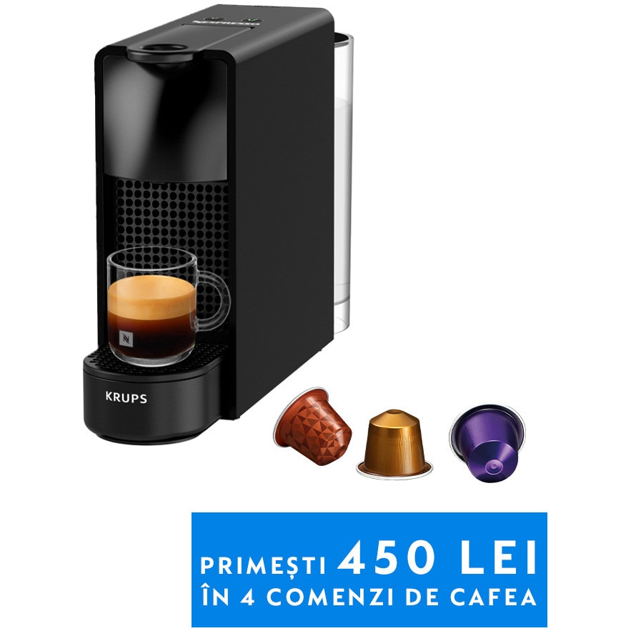 Espressor KRUPS cu capsule Nespresso Essenza Mini XN110810, 1260W, 19 Bar, 0.6L, Negru + set capsule degustare