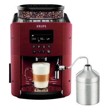 Espressor automat Krups Essential EA816570, 1450W, presiune 15 bari, rasnita 3 nivele, rezervor apa detasabil 1.7L, rezervor boabe 260g, sistem Thermoblock Compact, spumare lapte, recipient lapte inclus, rosu