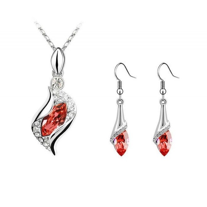 Női ezüst ékszerszett, csepp alakú, piros
