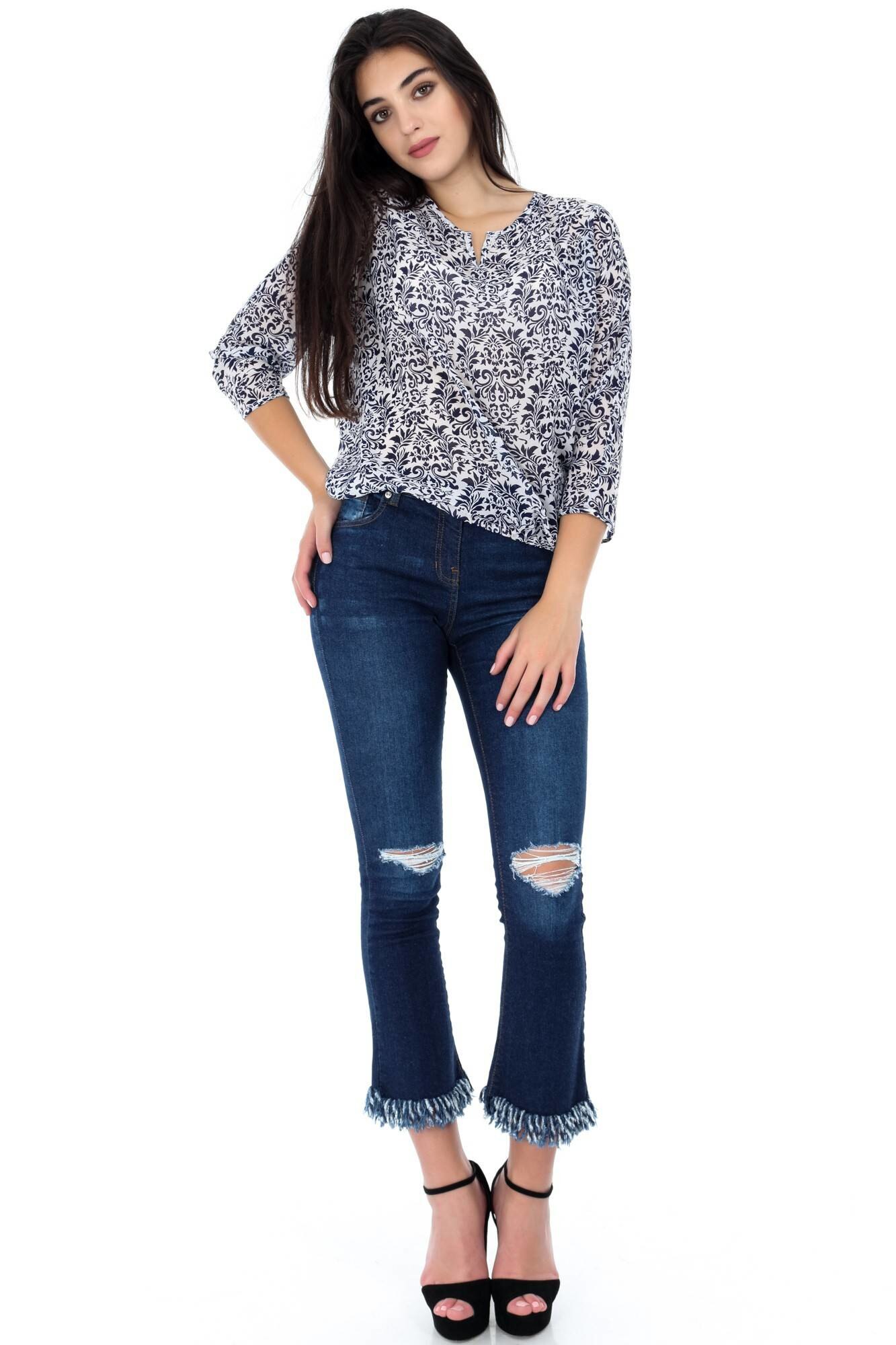 Bluza de dama, alba, ROH, cu imprimeu bleumarin