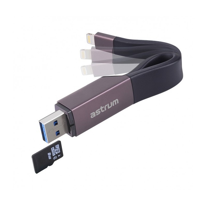 Astrum AA230 2in1 8pin lightning - USB 3.0 OTG adatkábel beépített MicroSD kártyaolvasóval, MFI engedéllyel
