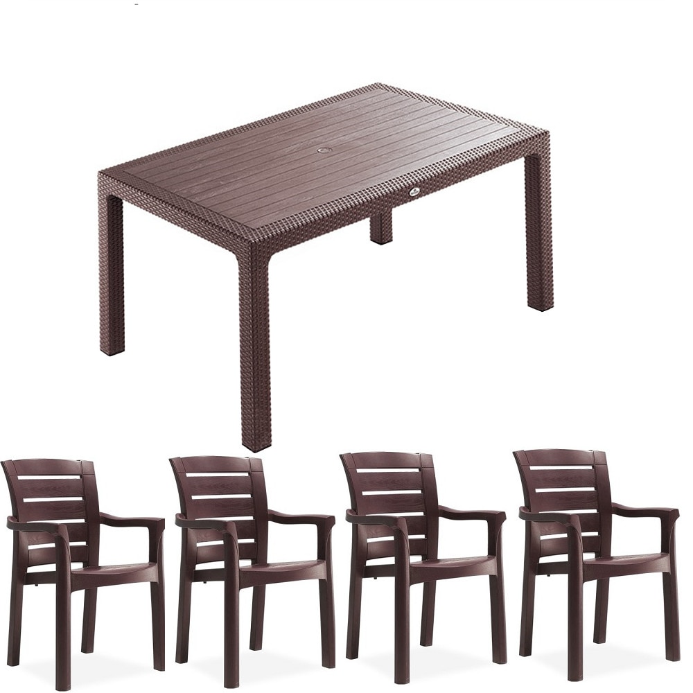 Set mobila terasa TILIVICHE masa CLASSI RATAN 90x150x75cm 4 scaune MILANO WOOD polipropilen cu fibra sticla culoare cafea