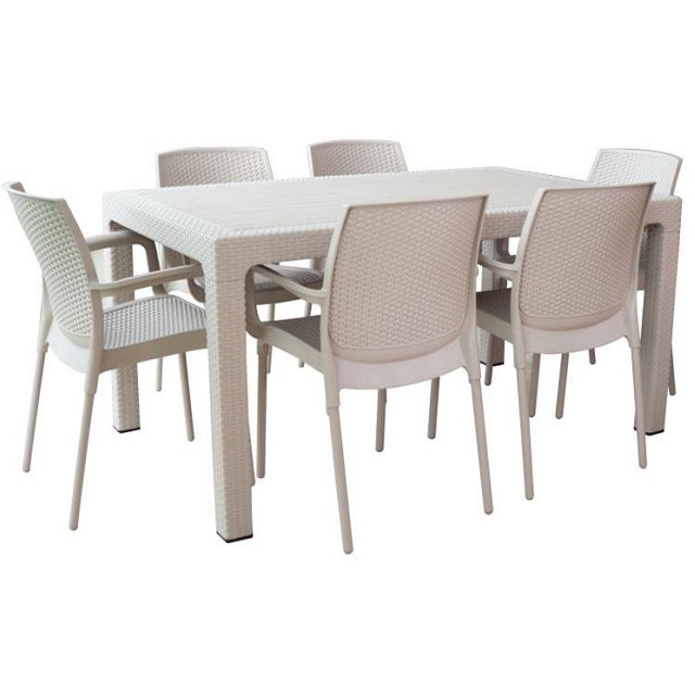 Set mobila curte,gradina MAITAS masa CLASSI RATAN 90x150x75cm 6 scaune SUNSET RATTAN polipropilen/fibra sticla culoare capucino
