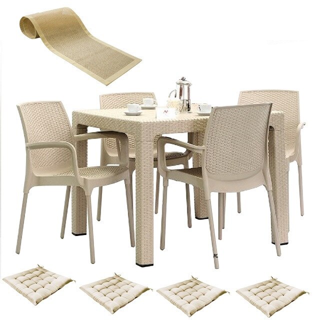 Set terasa MAITAS masa patrata CLASSI RATAN 90x90x75cm 4 scaune SUNSET RATTAN polipropilen/fibra sticla culoare capucino,4 perne scaun,Traversa PANARI 40x150cm