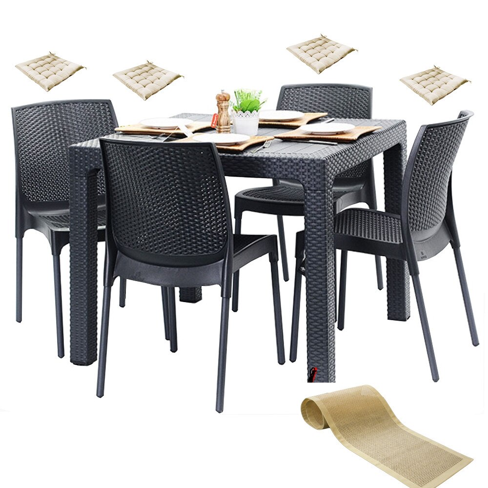 Mobilier exterior TILIVICHE masa patrata CLASSI RATAN 90x90x75cm 4 scaune SUNNY RATTAN polipropilen/fibra sticla culoare cafea,4 perne scaun,Traversa PANARI 40x150cm