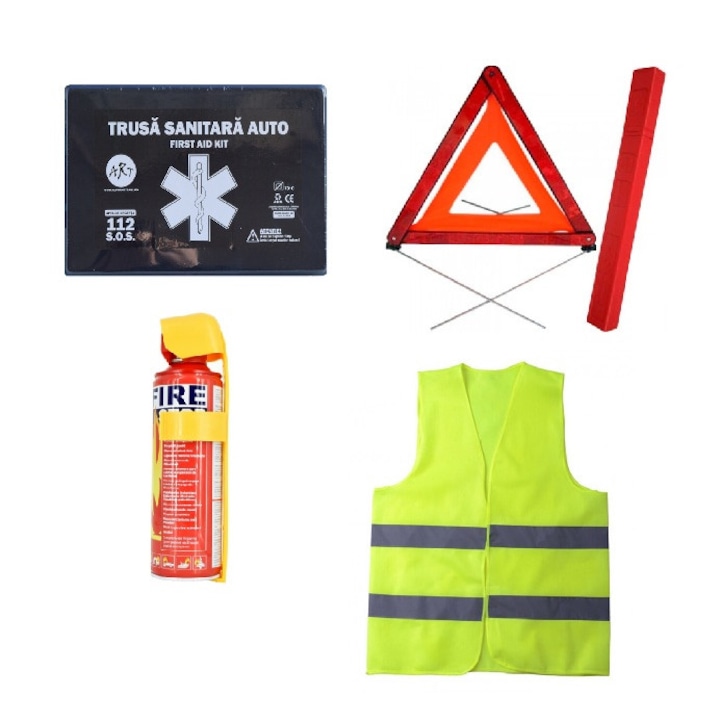 Lumi LUXURY® пакет за спешни случаи - медицински комплект, триъгълник, спрей пожарогасител, светлоотразителна жилетка