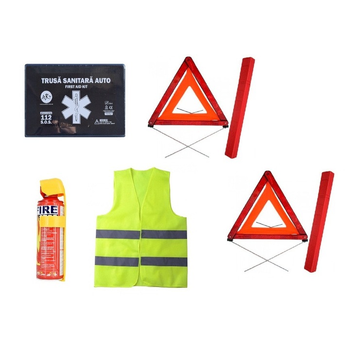 Авариен пакет за автомобил Стартер - медицински комплект, 2 триъгълника, спрей пожарогасител, светлоотразителна жилетка