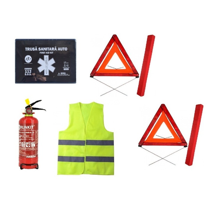 Авариен пакет - аптечка, 2 светлоотразителни триъгълника, пожарогасител с акумулаторен манометър, светлоотразителна жилетка