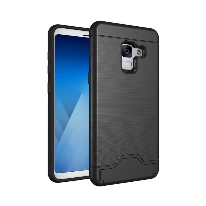 Husa cu suport card pentru Samsung Galaxy A8+ (2018), rezistenta la socuri, anti-alunecare, anti-zgarieturi, rezistenta la uzura, negru
