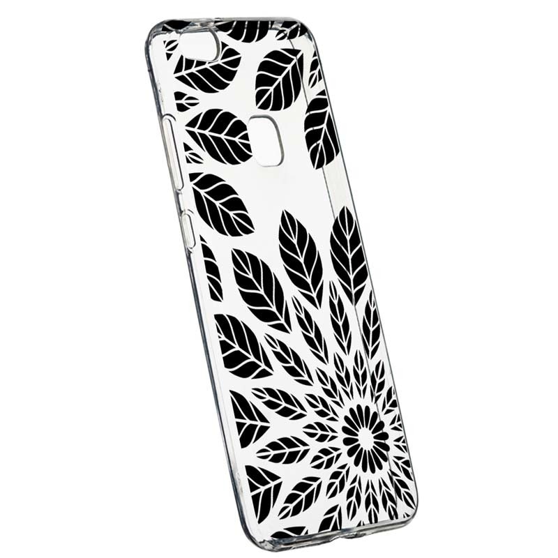 Husa Silicon, Transparent, Slim, Black Flower, Huawei P10 LITE