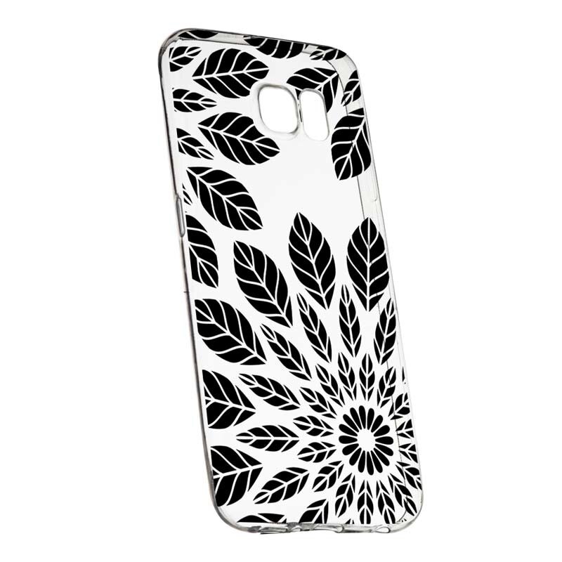 Husa Silicon, Transparent, Slim, Black Flower, Samsung Galaxy S6 Edge