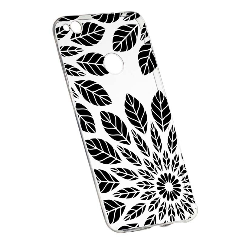 Husa Silicon, Transparent, Slim, Black Flower, Huawei P9 Lite 2017