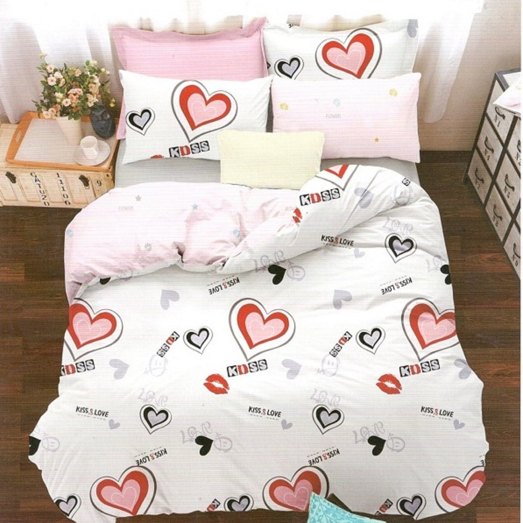 Lenjerie de pat din bumbac satinat dubla pentru pat dublu 4 piese, alb/roz JN418