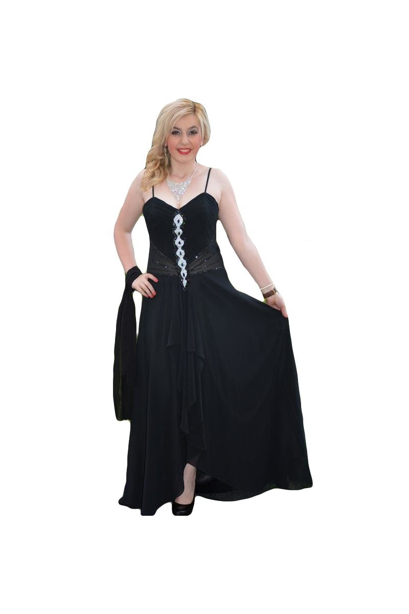 Rochie rafinata din saten si voal aplicat,D&J Exclusive, Negru