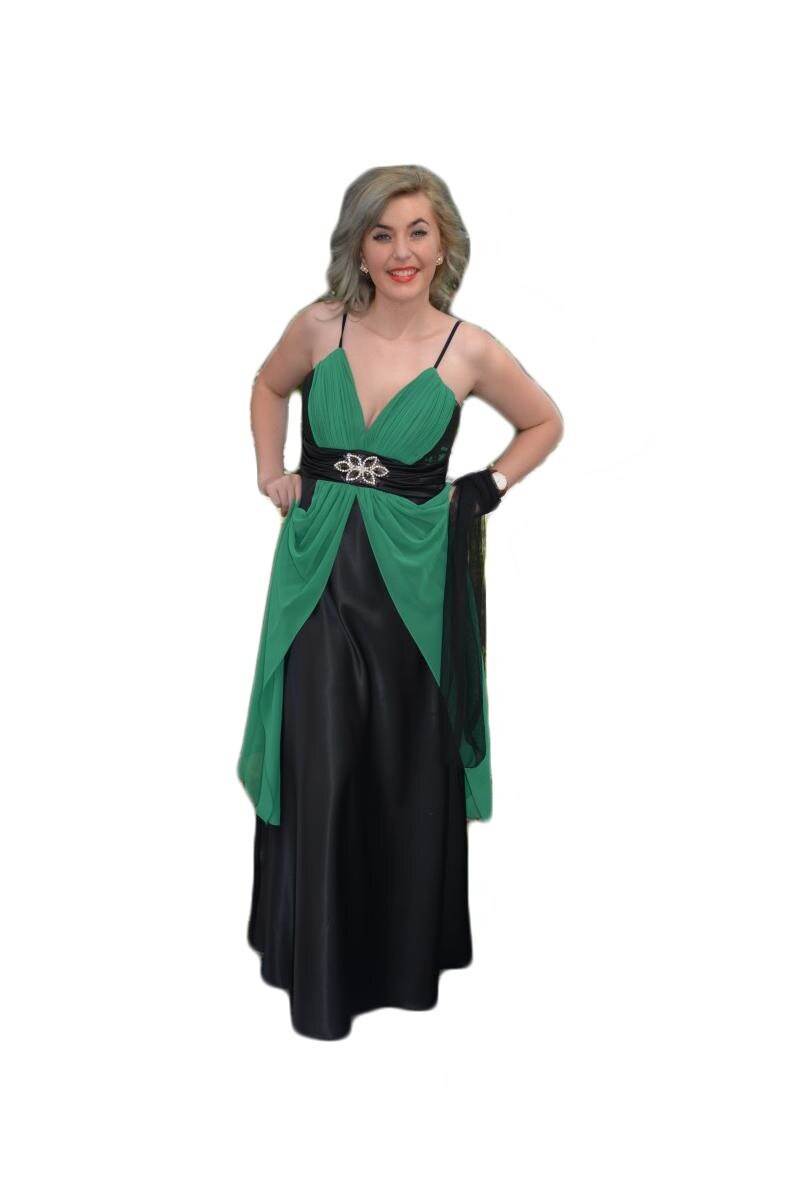 Rochie din saten cu detalii din voal, model lung,D&J Exclusive, Negru-Verde