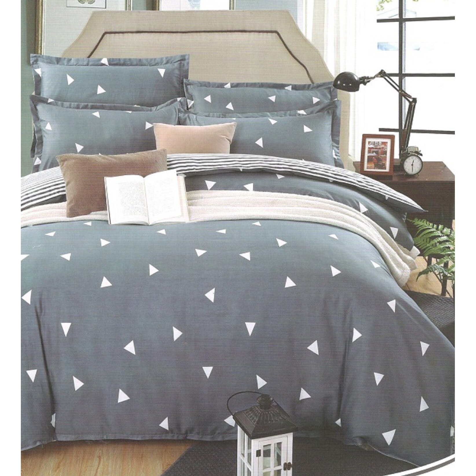 Lenjerie de pat 2 persoane, 4 piese, bumbac satinat alb/gri JN206