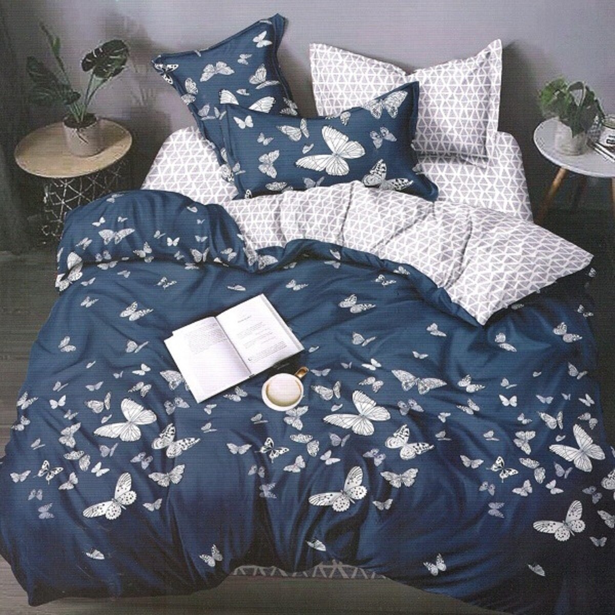 Lenjerie de pat 2 persoane, 4 piese, bumbac satinat bleu JN226