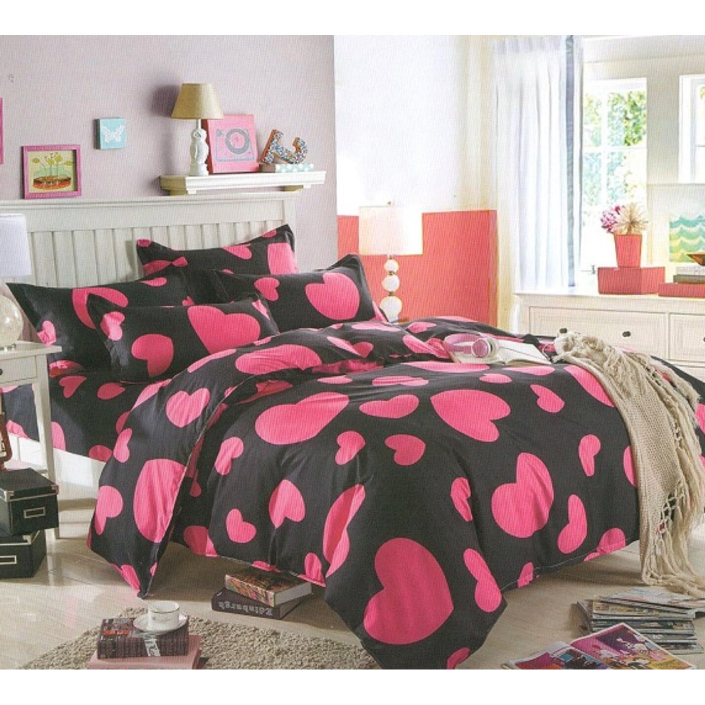 Lenjerie de pat 2 persoane, 4 piese, bumbac satinat negru JN233