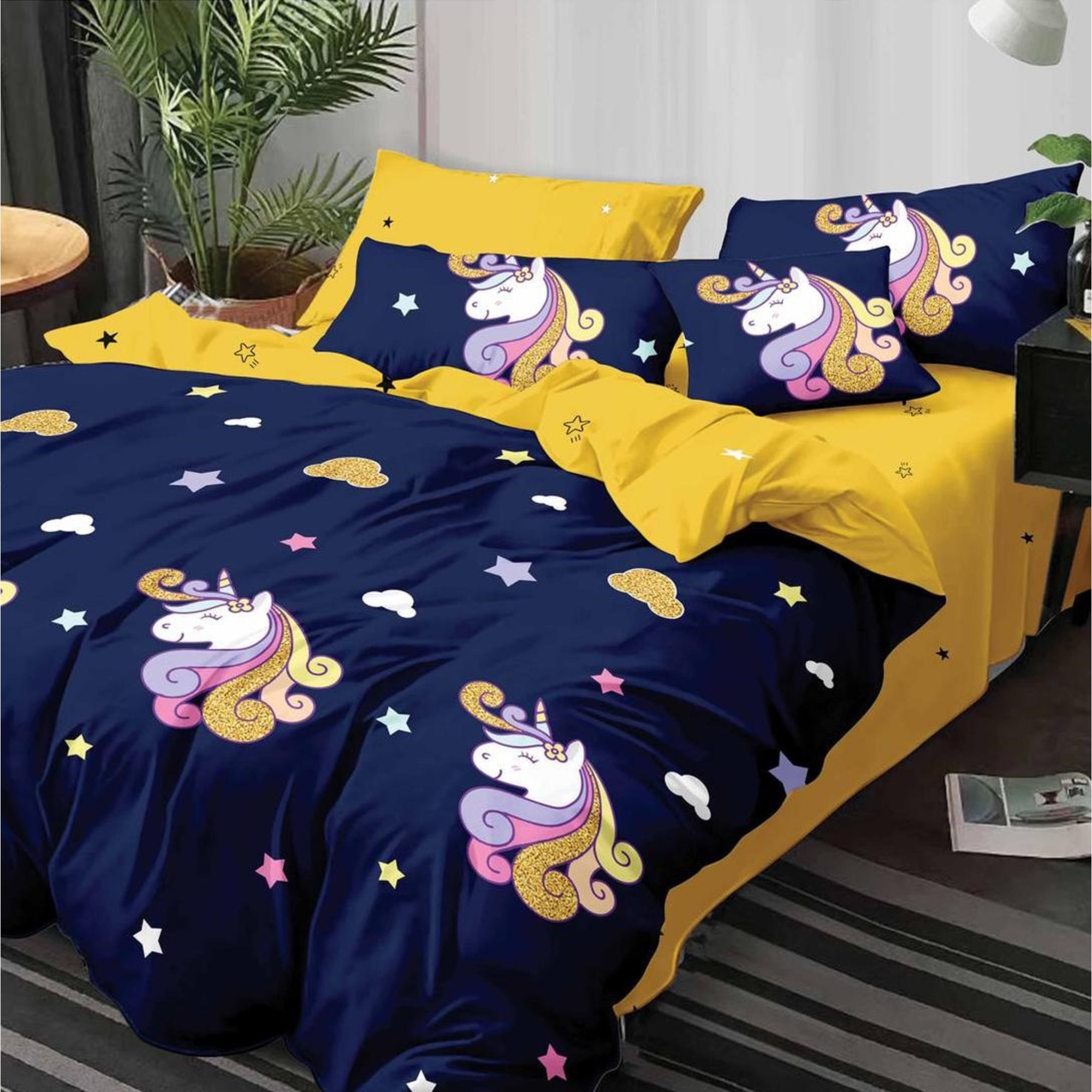 Lenjerie de pat dubla din bumbac gros finet, 2 persoane, 6 piese, multicolor JX812