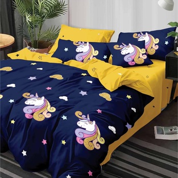 Lenjerie bumbac finet 6 piese, pentru pat mare albastru JN279 Lenjerie bumbac finet 6 piese, pentru pat mare albastru JN279