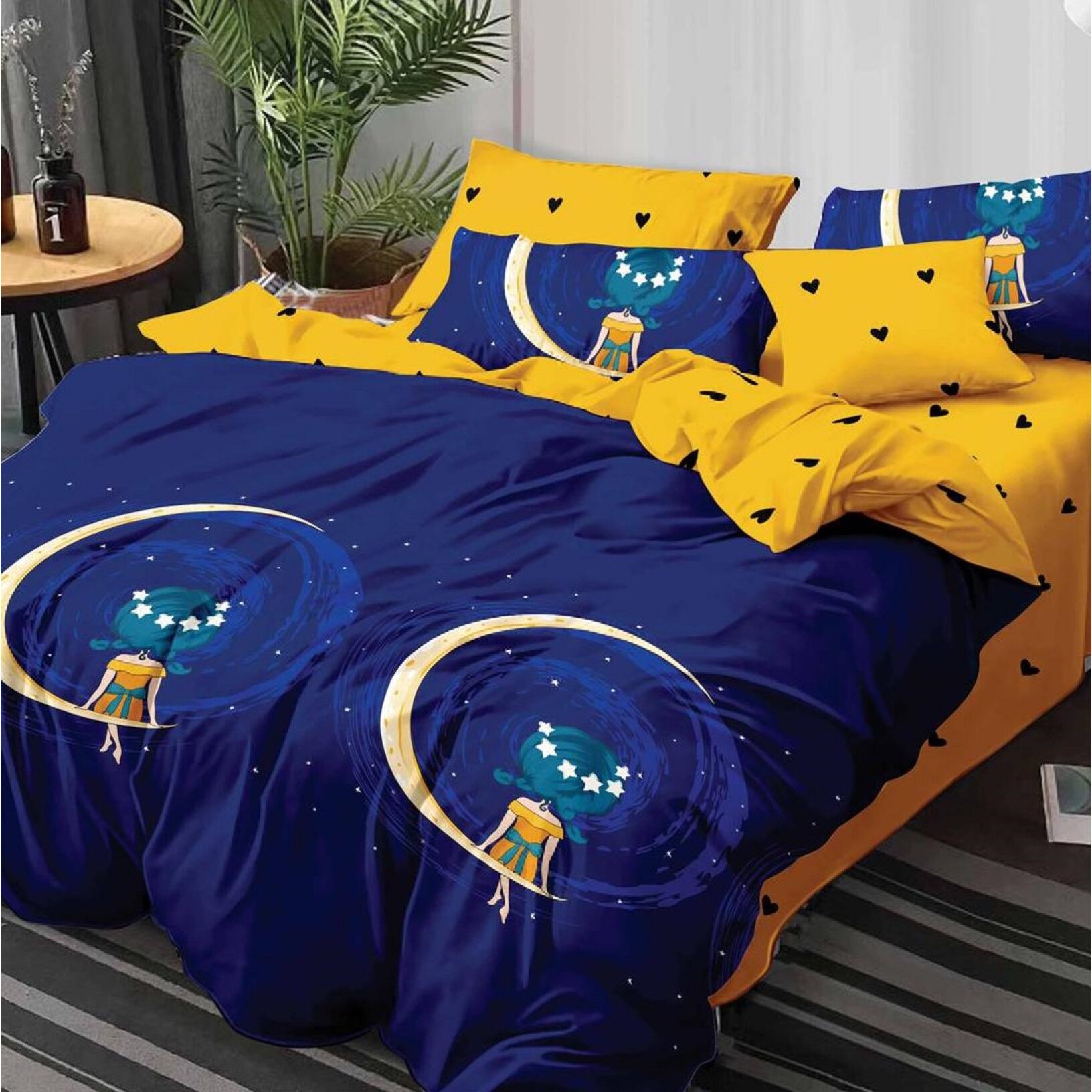 Lenjerie bumbac finet 6 piese, pentru pat mare albastru JN300